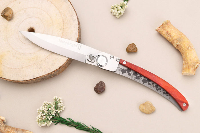 Couteau pliant Le Coq Français Bordeaux Red Heart artisanal manche bois rouge 11,5cm + étui