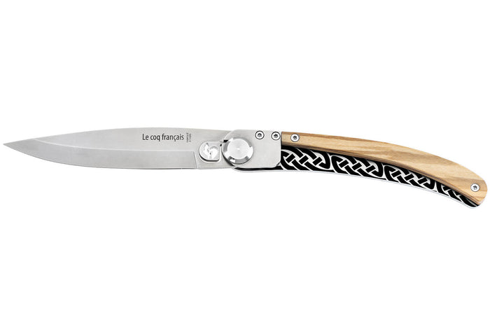 Couteau pliant Le Coq Français Celtic artisanal manche bois d'olivier 11,5cm + étui