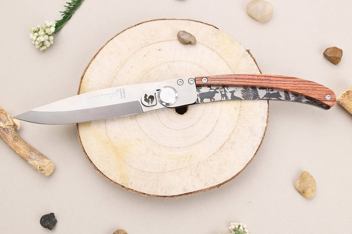 Couteau pliant Le Coq Français Forêt artisanal manche bois de violette 11,5cm + étui