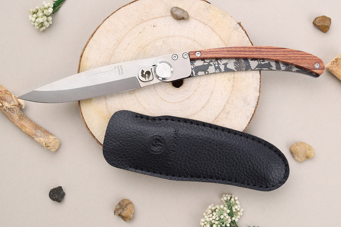 Couteau pliant Le Coq Français Forêt artisanal manche bois de violette 11,5cm + étui