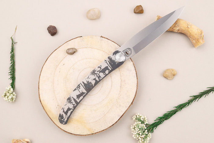 Couteau pliant Le Coq Français Forêt artisanal manche bois de violette 11,5cm + étui