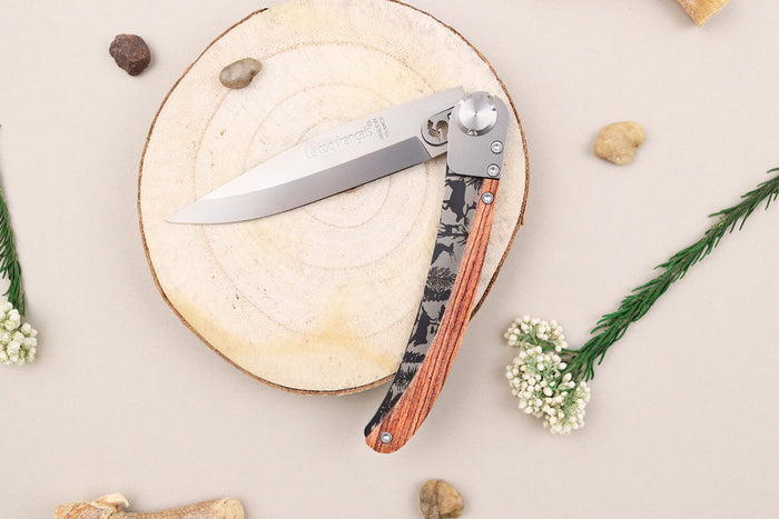 Couteau pliant Le Coq Français Forêt artisanal manche bois de violette 11,5cm + étui