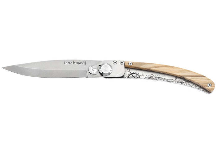 Couteau pliant Le Coq Français Nautic artisanal manche bois d'olivier 11,5cm + étui