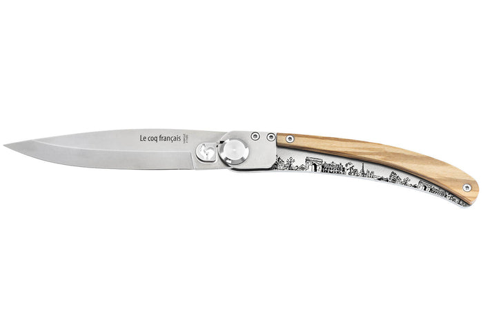 Couteau pliant Le Coq Français Paris artisanal manche bois d'olivier 11,5cm + étui