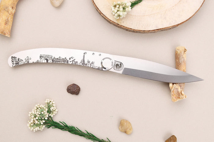 Couteau pliant Le Coq Français Paris artisanal manche bois d'olivier 11,5cm + étui
