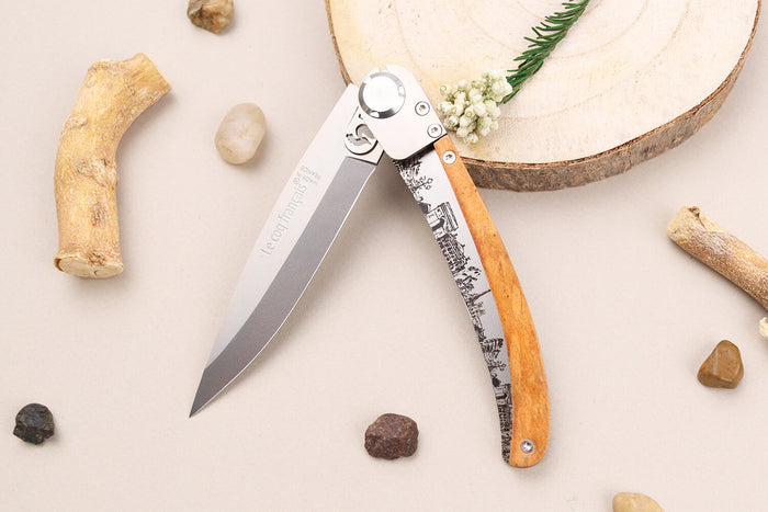 Couteau pliant Le Coq Français Paris artisanal manche bois d'olivier 11,5cm + étui