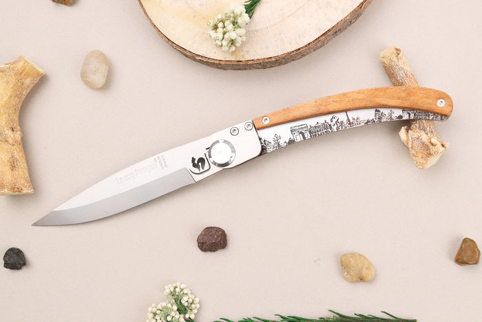 Couteau pliant Le Coq Français Paris artisanal manche bois d'olivier 11,5cm + étui