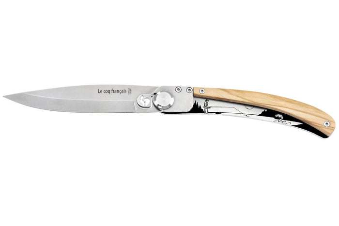 Couteau pliant Le Coq Français Rivière artisanal manche bois d'olivier 11,5cm + étui