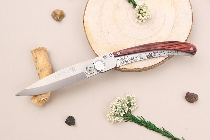 Couteau pliant Le Coq Français Vercingétorix artisanal manche bois de violette 11,5cm + étui