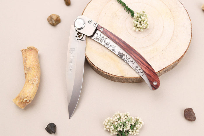Couteau pliant Le Coq Français Vercingétorix artisanal manche bois de violette 11,5cm + étui
