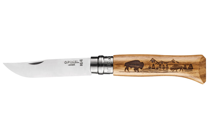 Couteau pliant Opinel Tradition Gravures Animalia Bison n°08 lame 8,5cm manche chêne