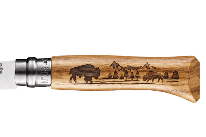 Couteau pliant Opinel Tradition Gravures Animalia Bison n°08 lame 8,5cm manche chêne