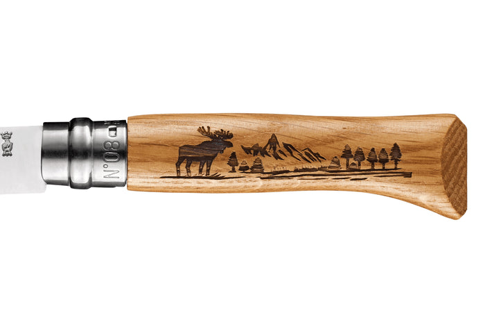 Couteau pliant Opinel Tradition Gravures Animalia Elan n°08 lame 8,5cm manche chêne