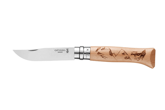 Couteau pliant Opinel Tradition Gravures Rando n°08 lame 8,5cm manche hêtre