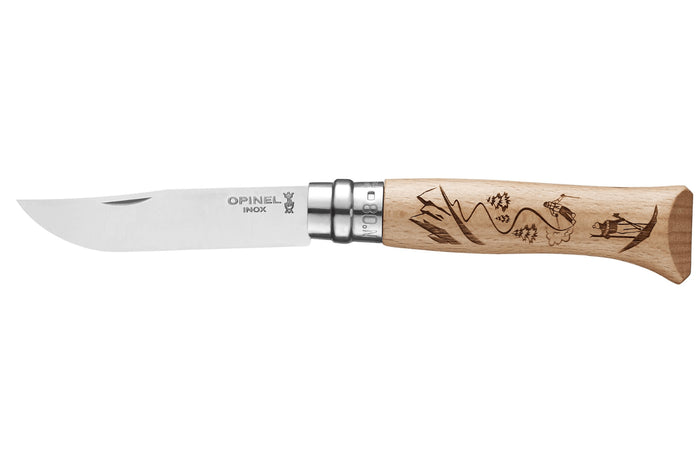 Couteau pliant Opinel Tradition Gravures Ski n°08 lame 8,5cm manche hêtre