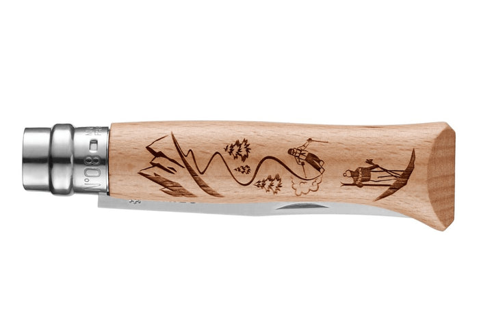 Couteau pliant Opinel Tradition Gravures Ski n°08 lame 8,5cm manche hêtre