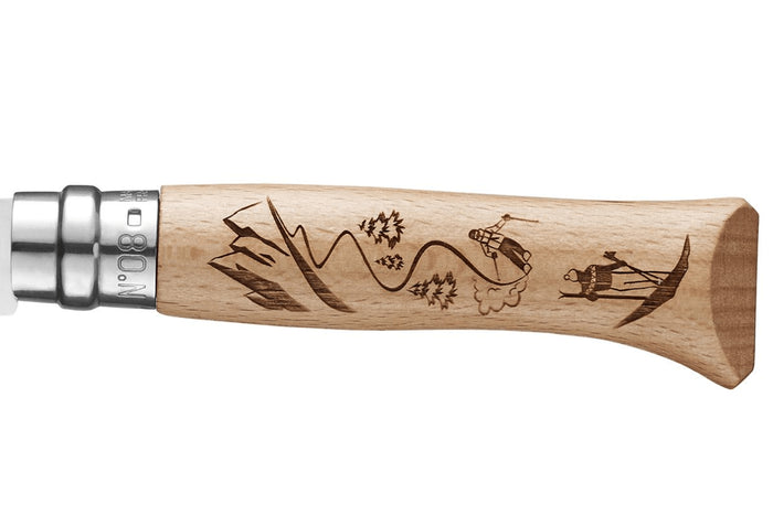 Couteau pliant Opinel Tradition Gravures Ski n°08 lame 8,5cm manche hêtre