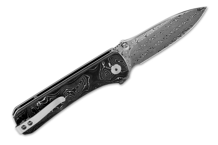 Couteau pliant QSP Hawk 131Q acier damas manche en fibre de carbone noir et aluminium 10,5cm