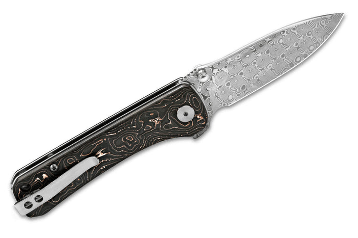 Couteau pliant QSP Hawk 131S acier damas manche en fibre de carbone et cuivre 10,5cm
