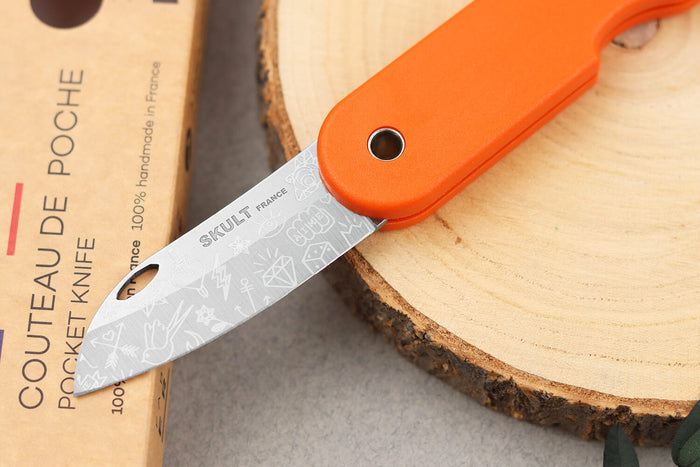 Couteau pliant Skult français éco-responsable Le Tatoué manche orange 10cm