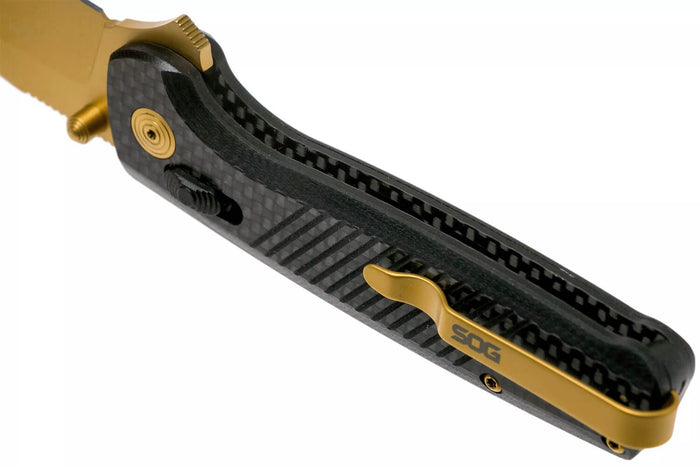 Couteau pliant SOG Terminus XR LTE GOLD SGTM1033 lame dorée manche G10/carbone 10,8cm noir