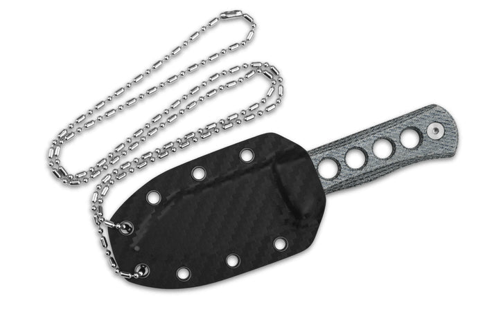 Couteau QSP Canary 141D1 lame en inox 7cm manche ajouré en micarta denim + étui kydex