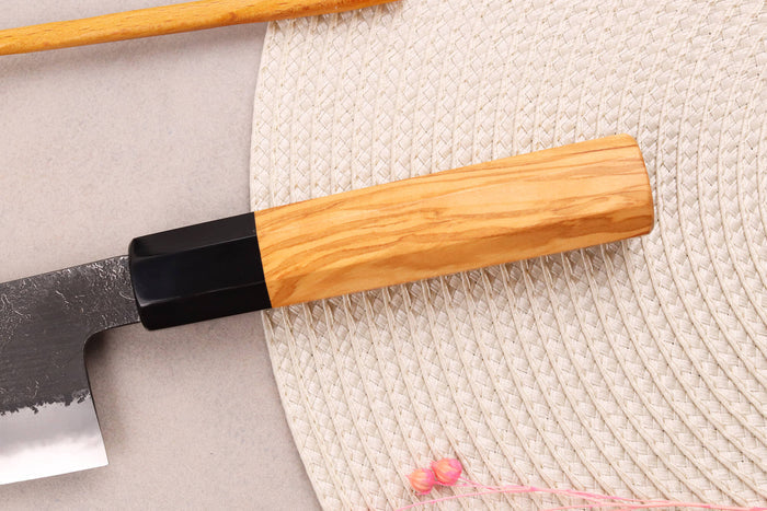 Couteau santoku 16,5cm japonais artisanal Hinoura Mutsumi Ajikataya Black Nashiji