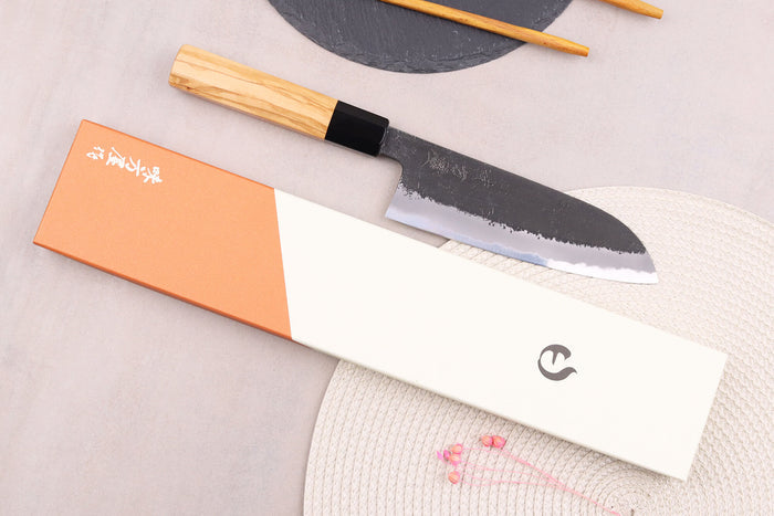 Couteau santoku 16,5cm japonais artisanal Hinoura Mutsumi Ajikataya Black Nashiji