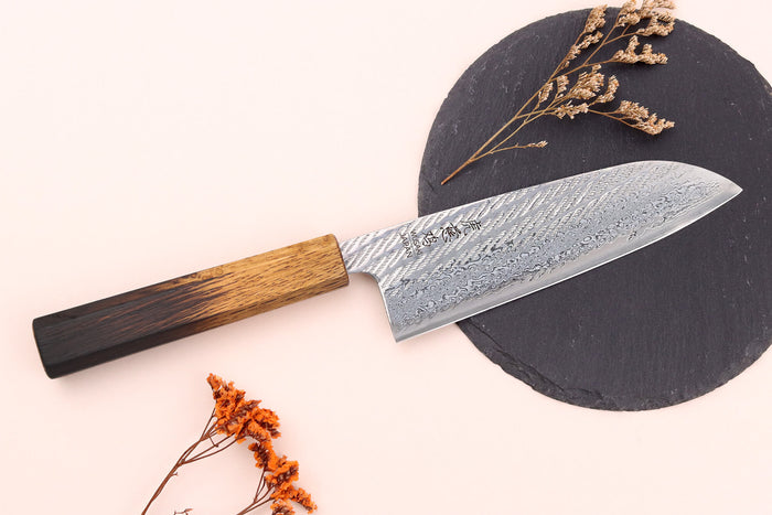 Couteau santoku 16,5cm japonais artisanal Wusaki Nawame AUS10 damas
