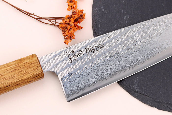 Couteau santoku 16,5cm japonais artisanal Wusaki Nawame AUS10 damas