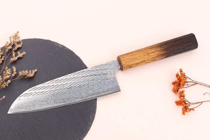 Couteau santoku 16,5cm japonais artisanal Wusaki Nawame AUS10 damas