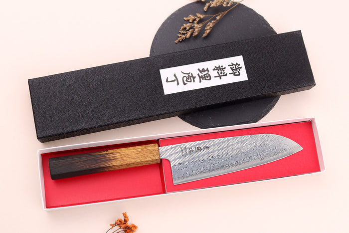 Couteau santoku 16,5cm japonais artisanal Wusaki Nawame AUS10 damas
