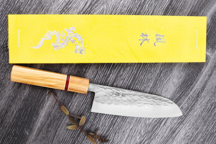 Couteau santoku 16,5cm japonais artisanal Yuzo SLD olivier et sequoia