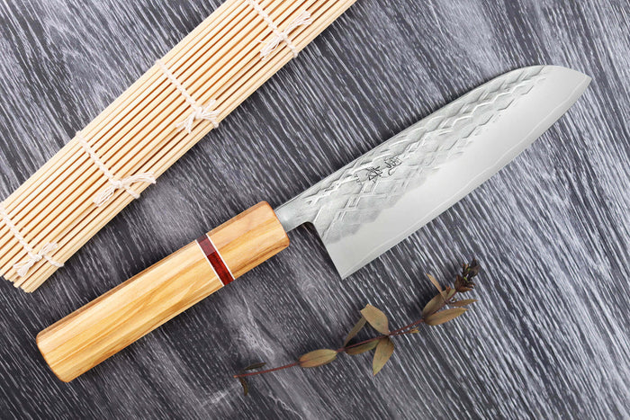Couteau santoku 16,5cm japonais artisanal Yuzo SLD olivier et sequoia