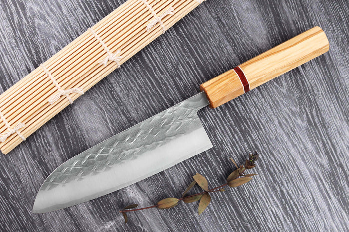 Couteau santoku 16,5cm japonais artisanal Yuzo SLD olivier et sequoia