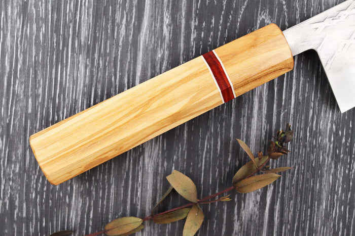 Couteau santoku 16,5cm japonais artisanal Yuzo SLD olivier et sequoia