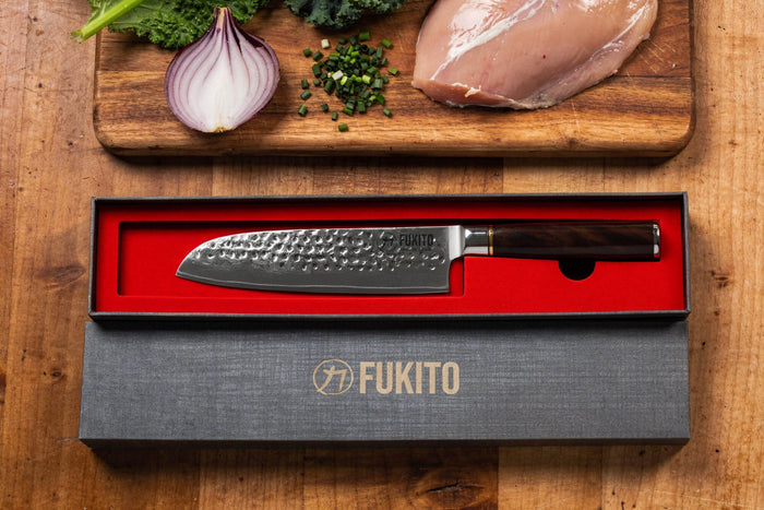 Couteau santoku 17cm Fukito Ébène Damas martelé