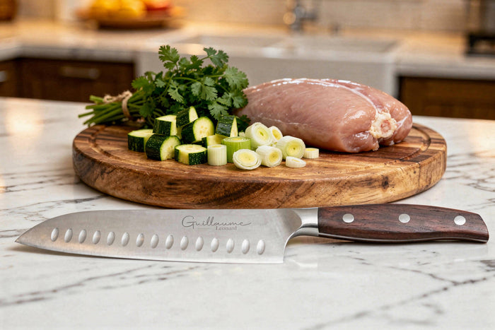 Couteau santoku 17cm Guillaume Leonard Cuistot en acier inoxydable et bois de santal rouge