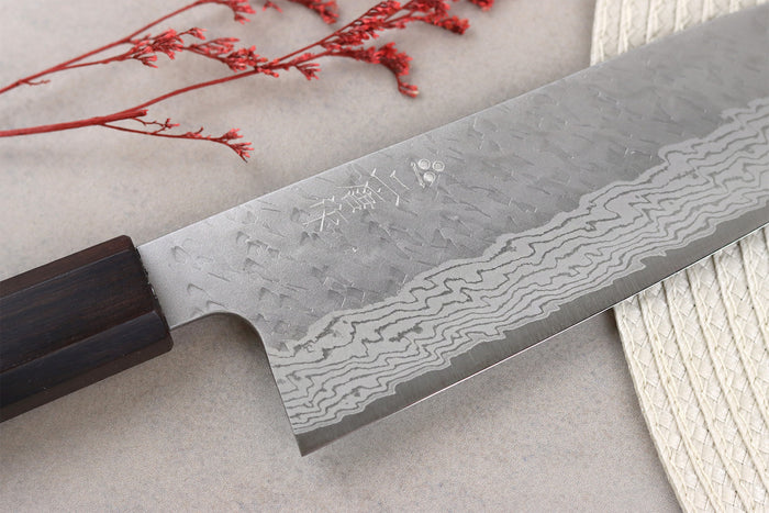 Couteau santoku 17cm japonais artisanal Nigara Hamono Tsuchime VG10 damas
