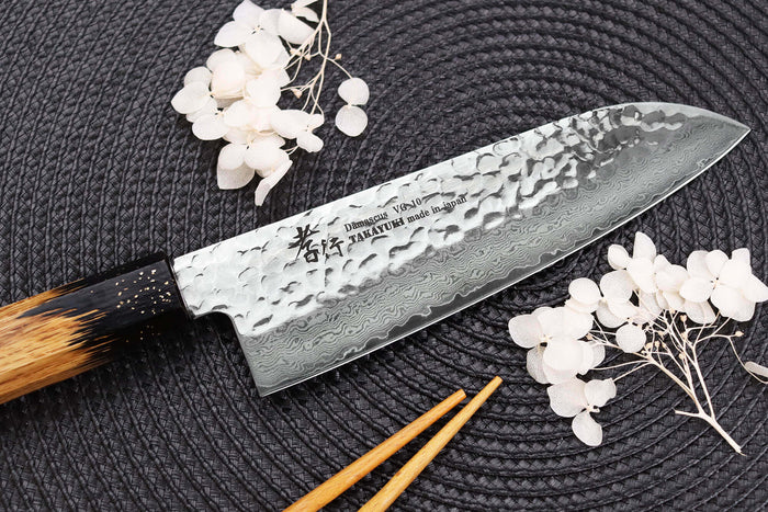 Couteau santoku 17cm japonais Sakai Takayuki Kashi Urushi VG10 damas