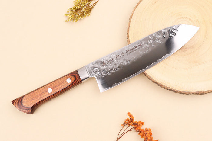 Couteau santoku 17cm japonais Satake Cutlery Brown Pakkawood AUS-8 San Maï Nashiji