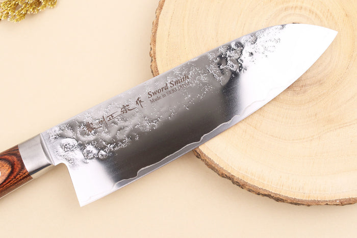 Couteau santoku 17cm japonais Satake Cutlery Brown Pakkawood AUS-8 San Maï Nashiji