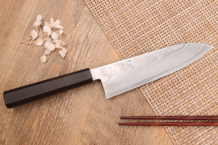 Couteau santoku 18cm japonais artisanal Hatsukokoro Ginsou Damas manche en ébène