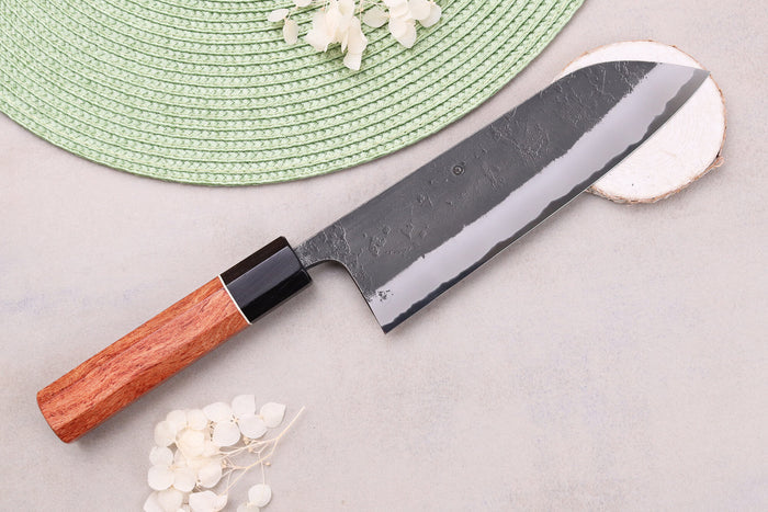 Couteau santoku 18cm japonais artisanal Masashi Yamamoto BS1 Black Nashiji