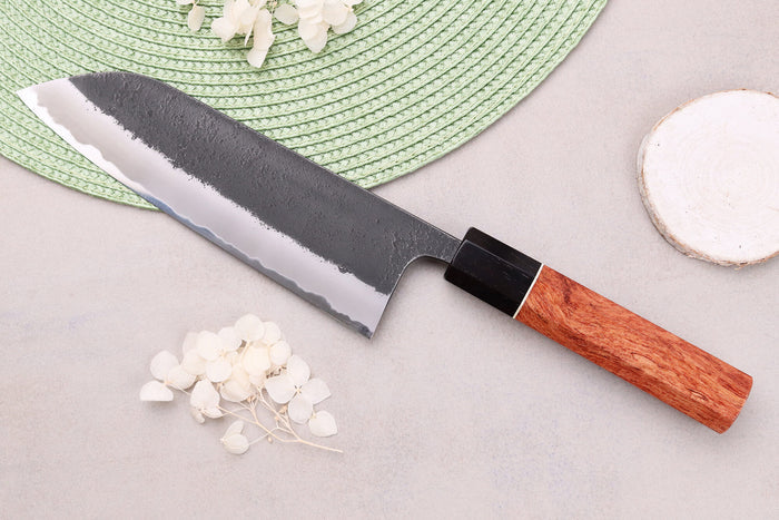 Couteau santoku 18cm japonais artisanal Masashi Yamamoto BS1 Black Nashiji