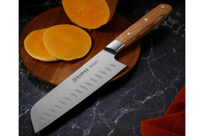 Couteau santoku alvéolé 18cm 32 Dumas Signature manche en chêne vert