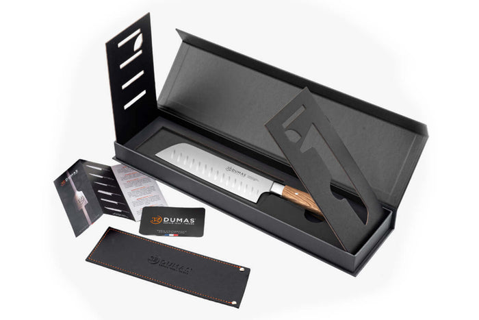 Couteau santoku alvéolé 18cm 32 Dumas Signature manche en chêne vert