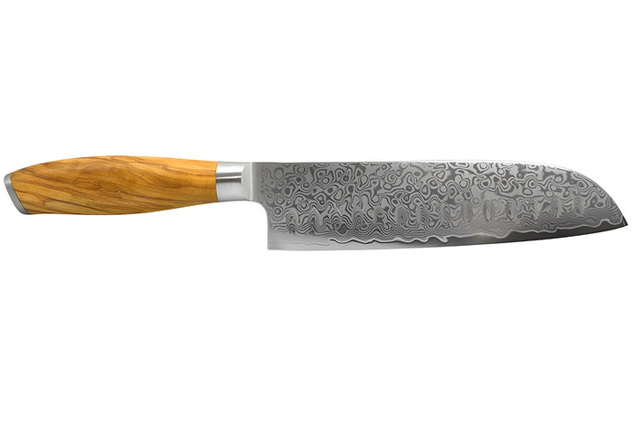 Couteau santoku alvéolé 18cm Hakami Tsubaki lame damas manche en olivier