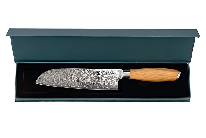 Couteau santoku alvéolé 18cm Hakami Tsubaki lame damas manche en olivier