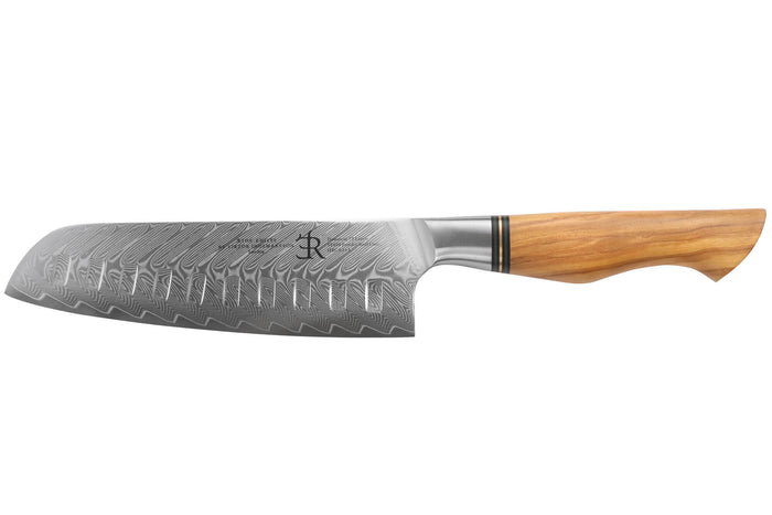 Couteau santoku alvéolé 18cm Ryda Knives ST650 Damas et manche en olivier